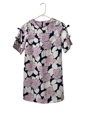 NWT Ann Taylor Sz00P Shift Dress with Navy, Pink Floral Print,Bow Detail Sleeves
